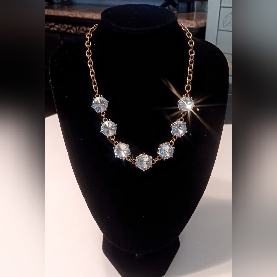 Striking Large Clear Crystal Rivoli Link Necklace Goldtone Cable Chain 21.75